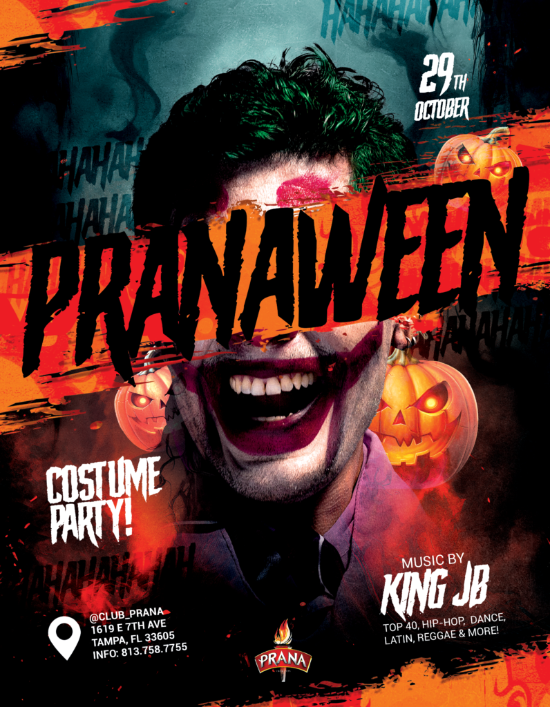 Club Prana event flyer for Pranaween, a costume party on Sunday, October 29th.