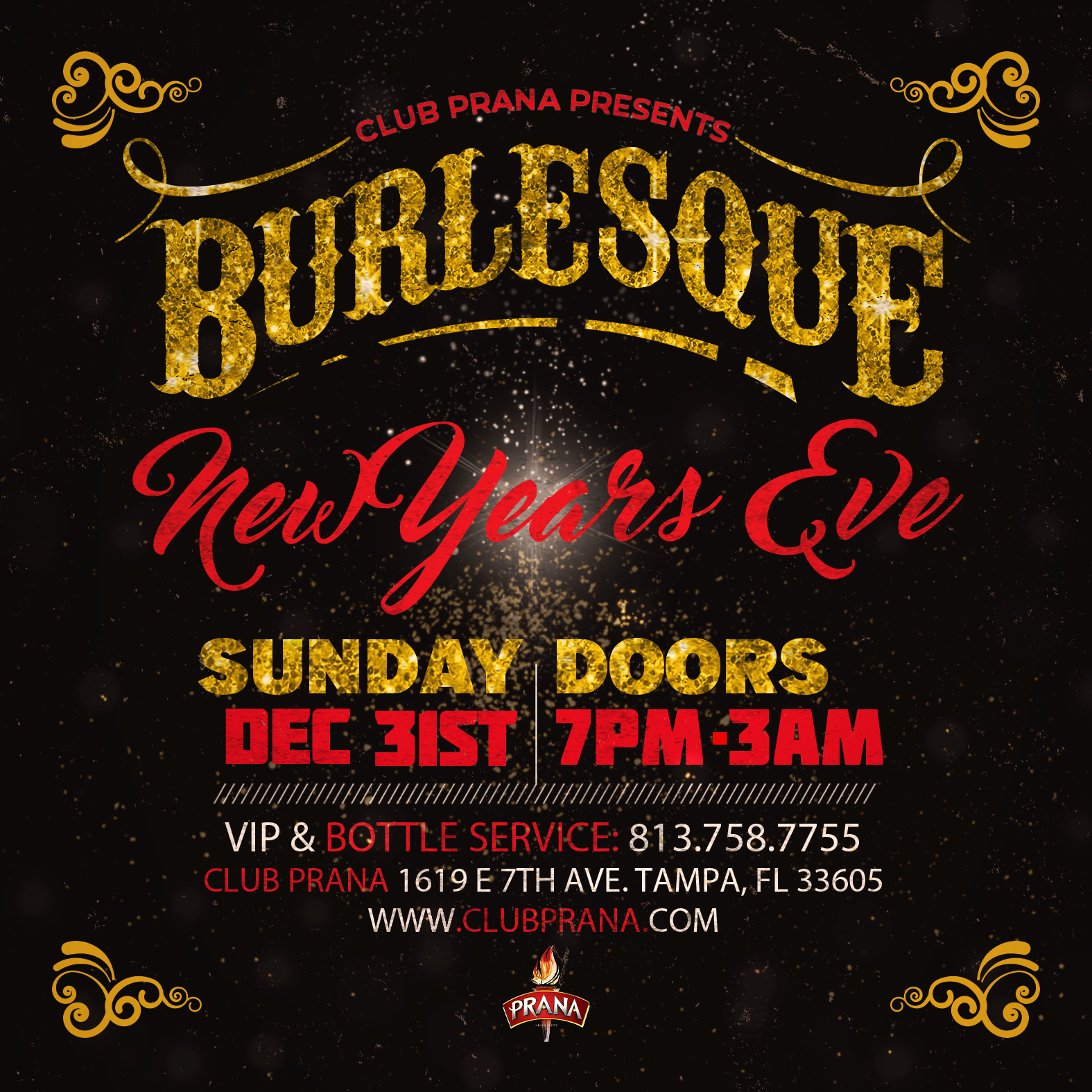 Burlesque New Years Eve Club Prana Event Flyer