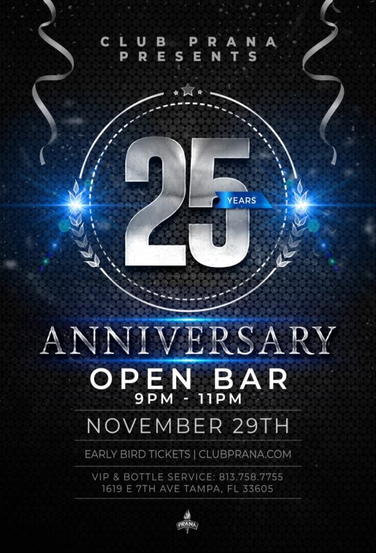 Club Prana 25th Anniversary Party | Open Bar 9-11PM, Nov 15